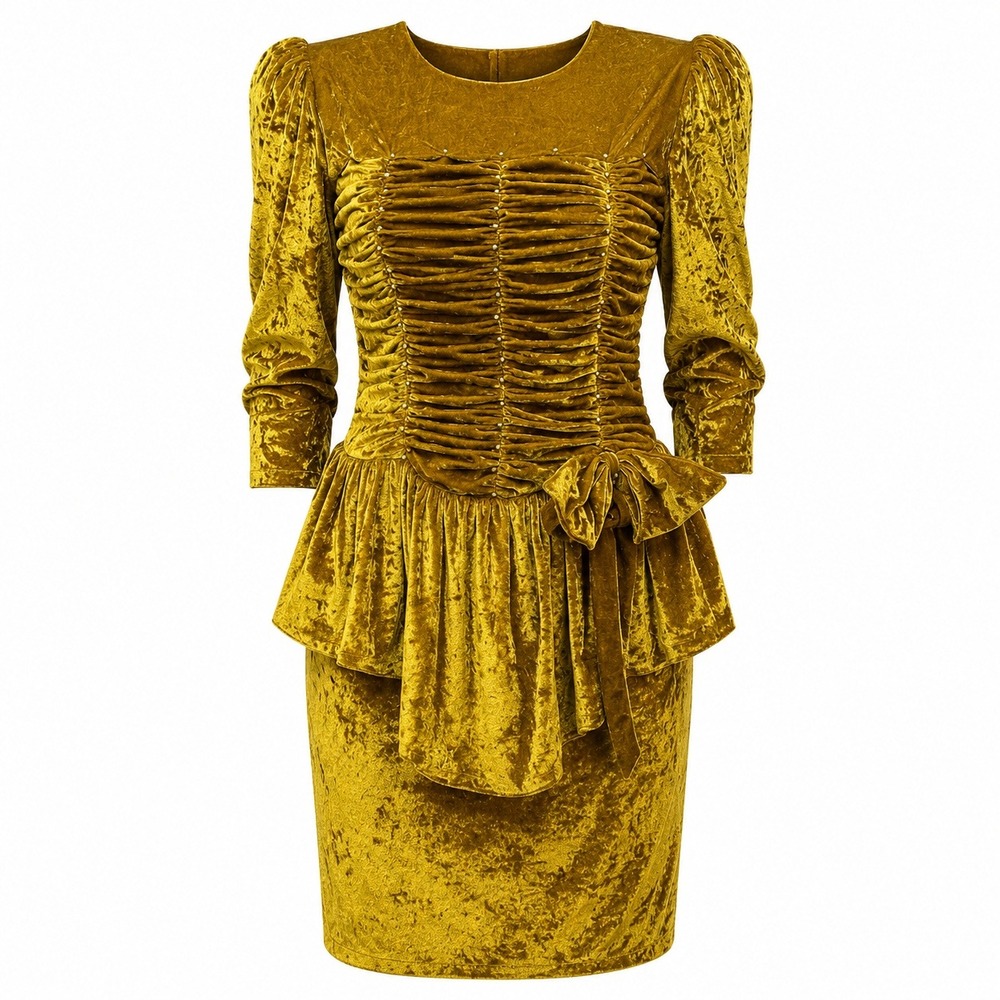 Vintage 80s‎ Jump Gold Crushed Velvet Top & Skirt Set Peplum Ruched Bow S